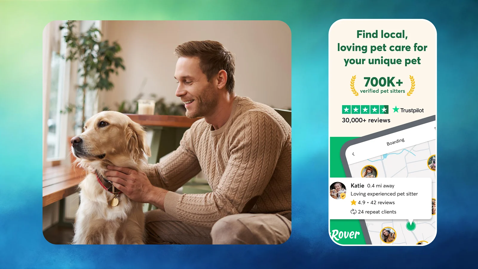 A man sitting with a dog and app screenshot