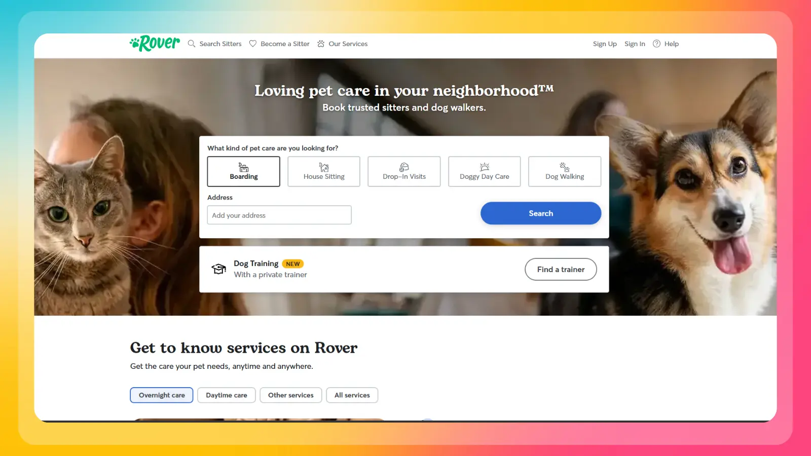 rover website showing pet care services and options for finding pet sitters and dog walkers