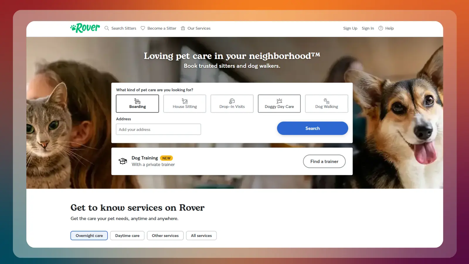 Página web de Rover en la que se muestran servicios de cuidado de mascotas