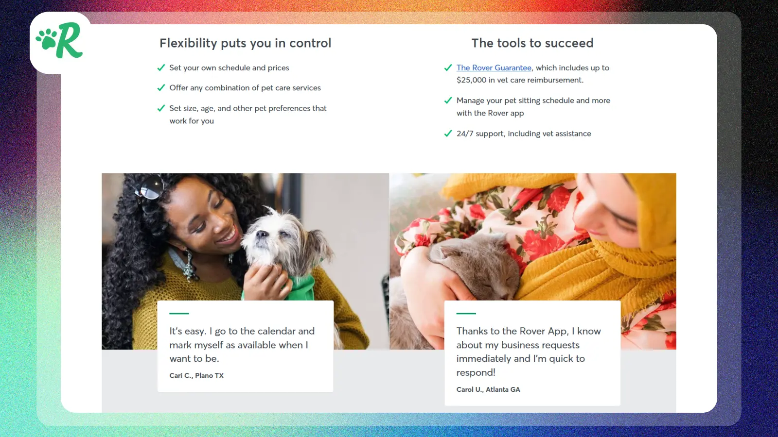 Rover website showing pet sitting services