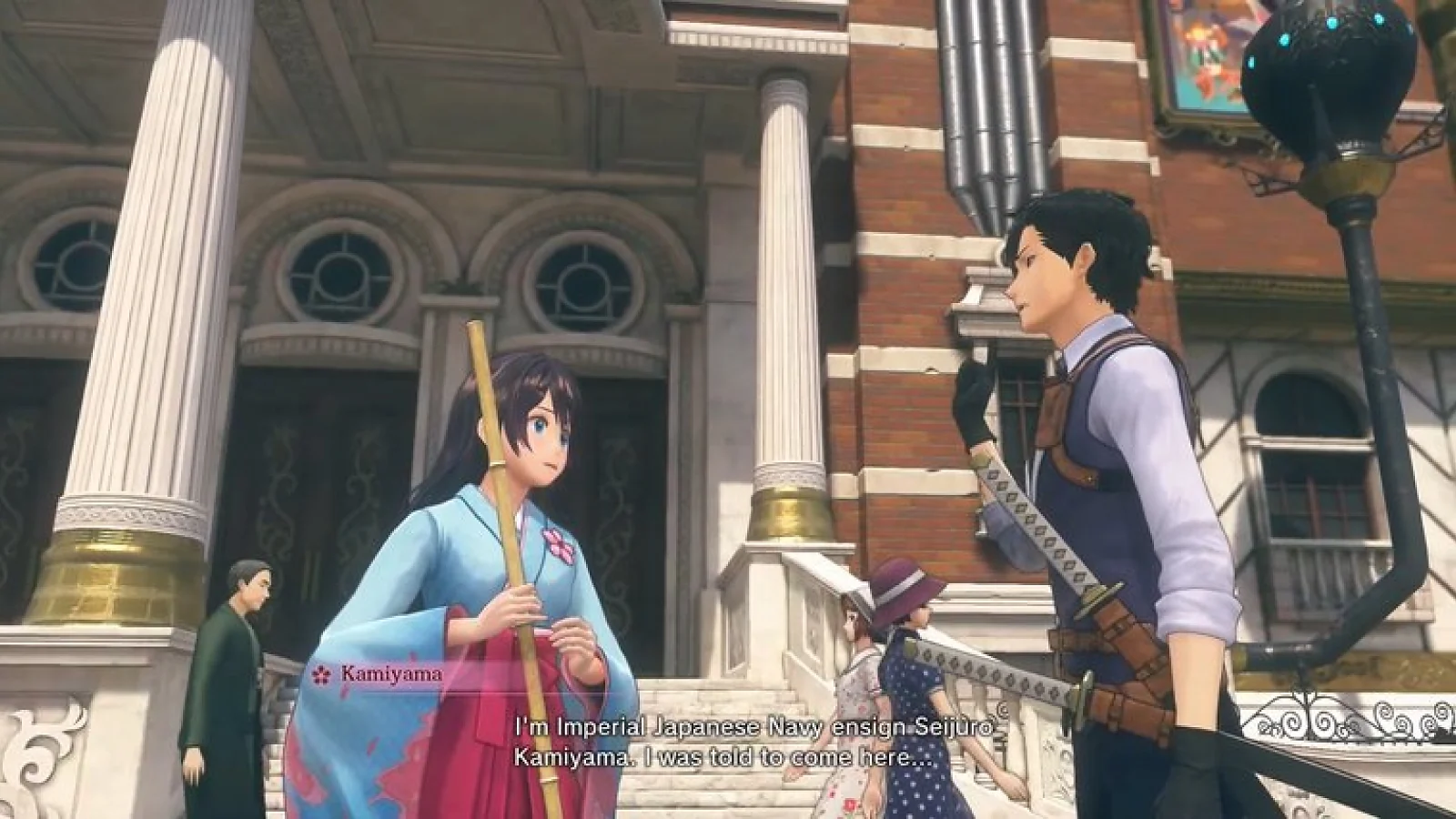 Sakura Wars gameplay showing two characters talking on a city street.