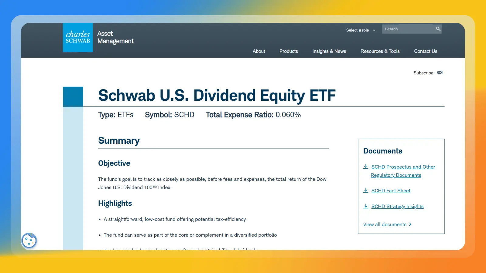 Página web de Schwab en la que se muestra un ETF de renta variable con dividendos, con los detalles del fondo