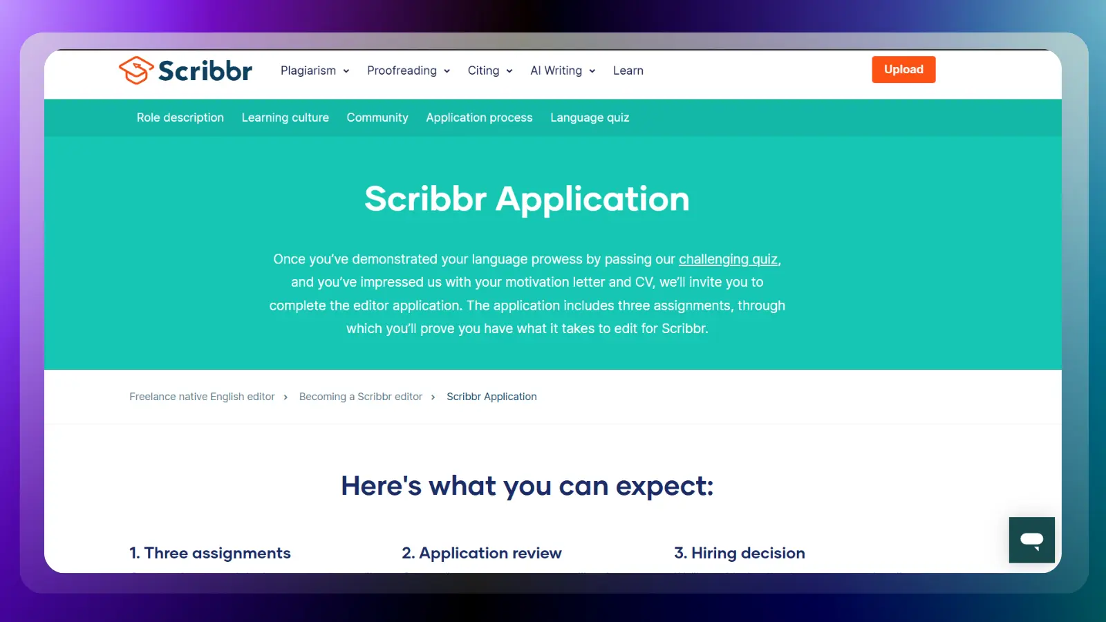 scribbr website showing the application process for freelance editors