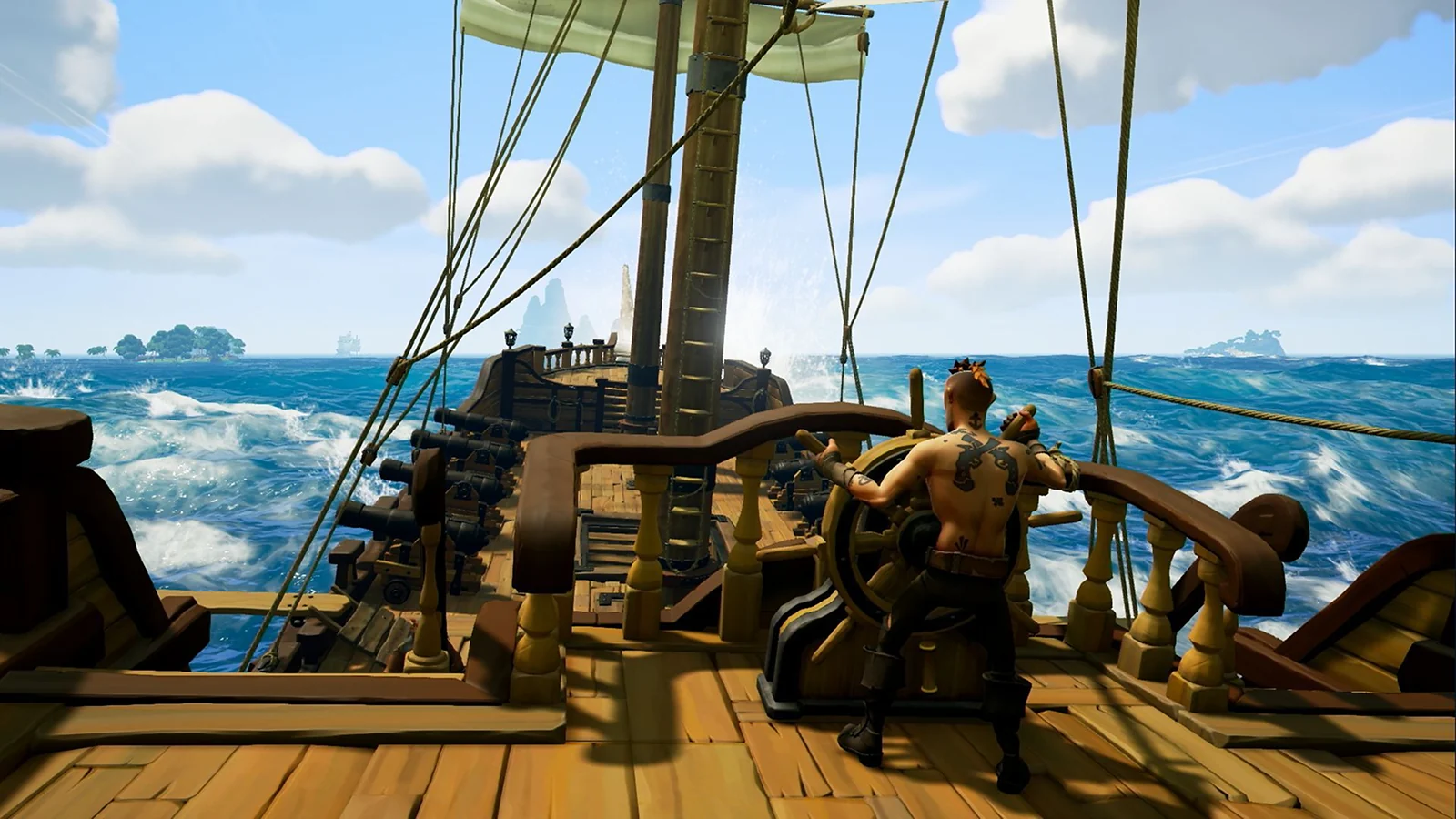 Sea of Thieves gameplay showing pirates sailing a wooden ship across a bright blue ocean.