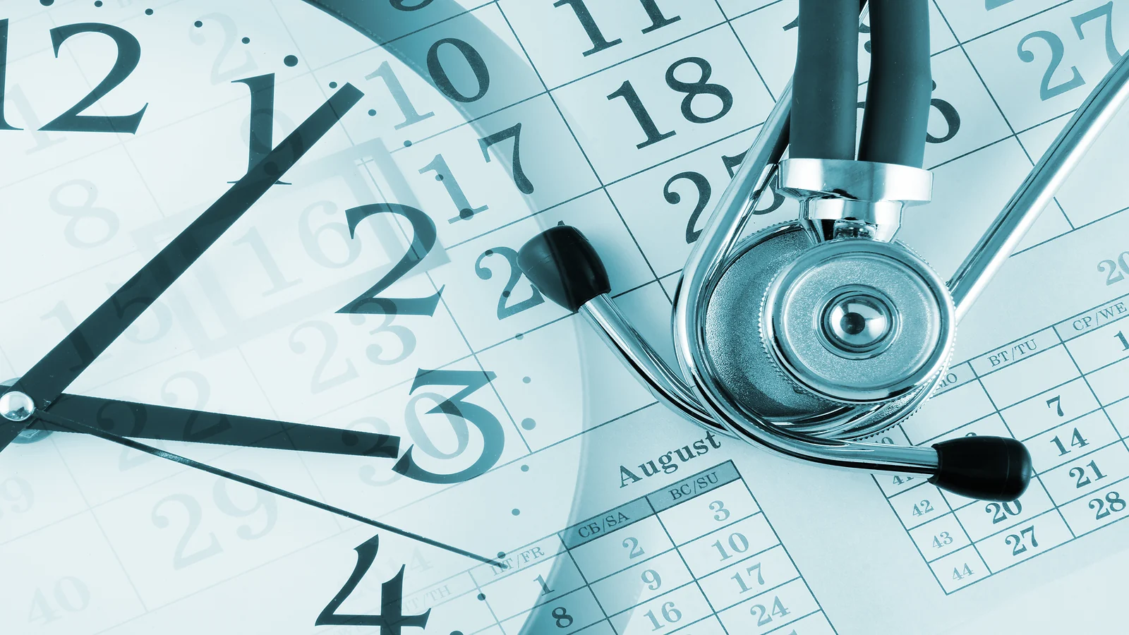 Stethoscope and clock overlaying a monthly calendar representing nurse shift scheduling and side hustle planning