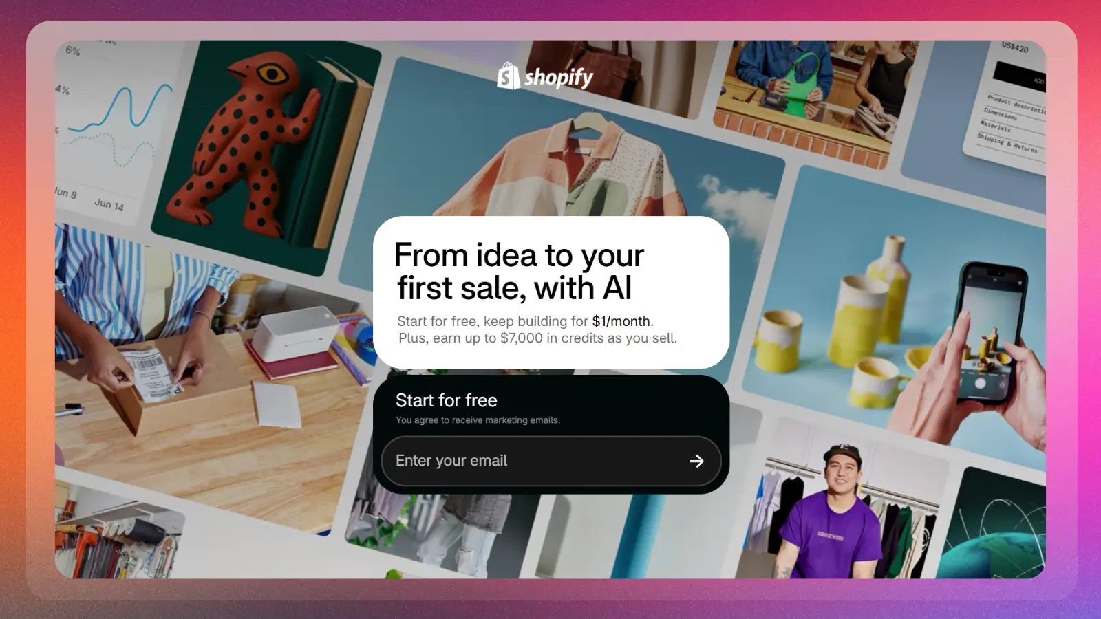 Página web de Shopify que muestra herramientas para poner en marcha y hacer crecer una tienda online