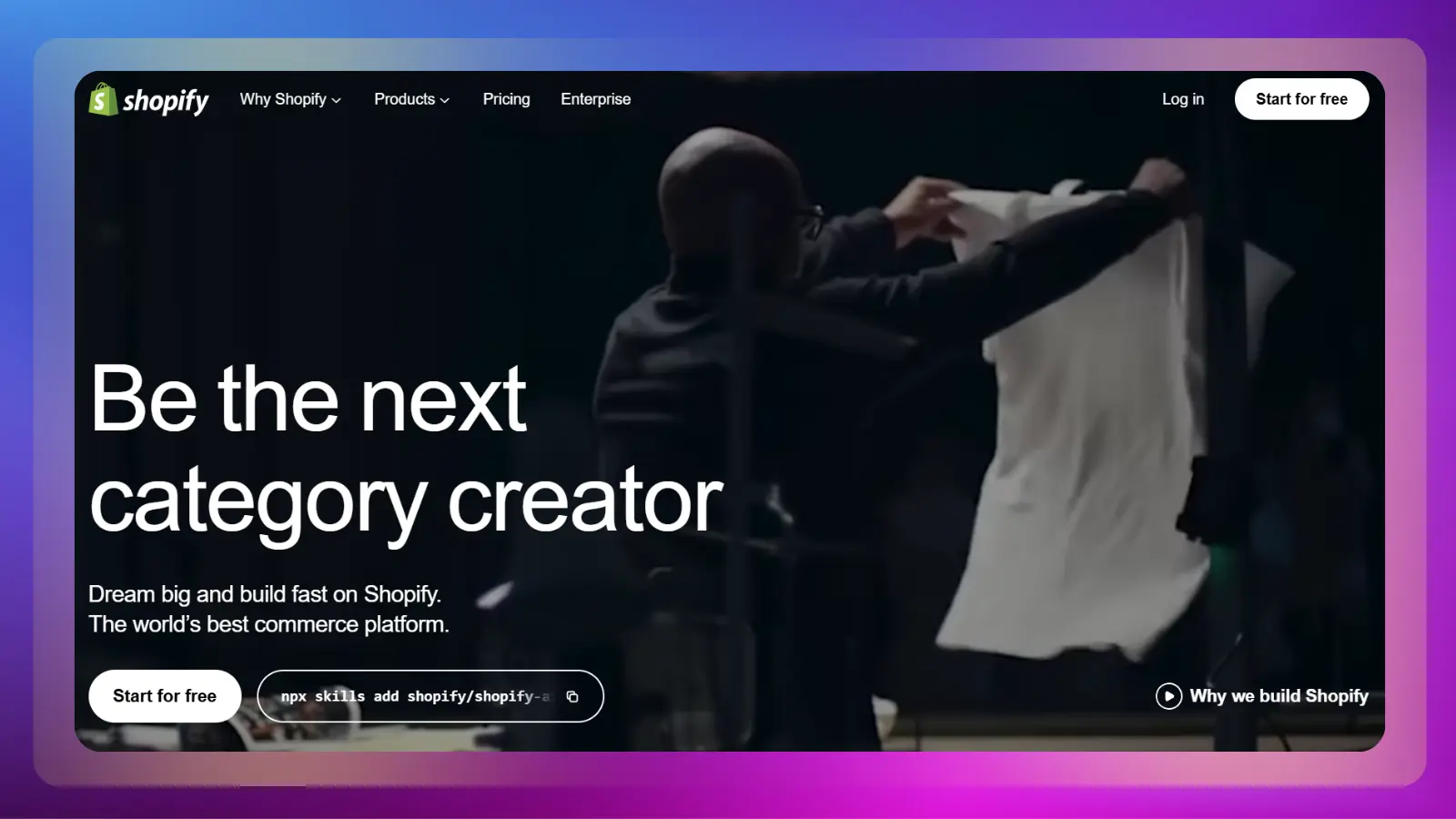 Página web de Shopify que muestra oportunidades de comercio electrónico y para creadores