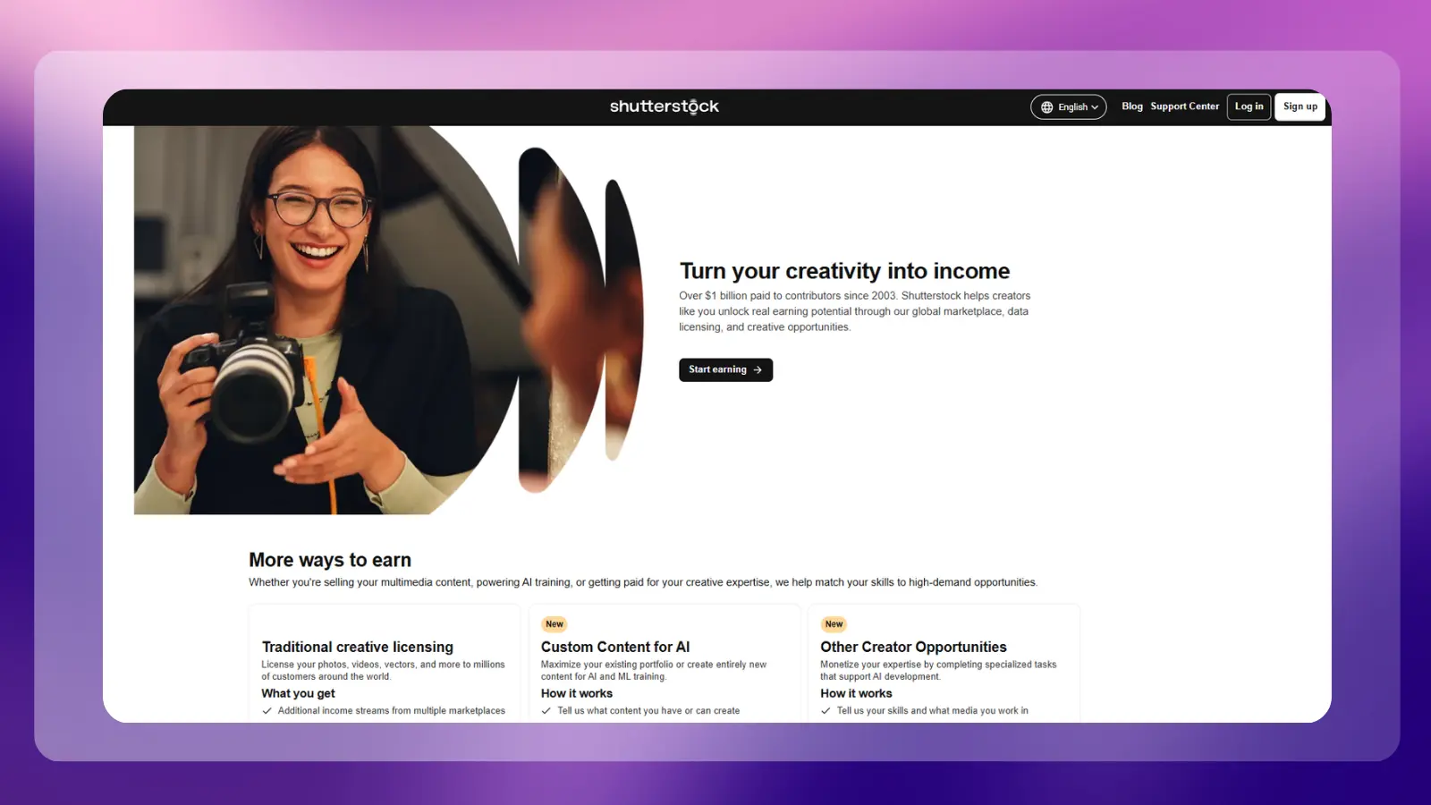 shutterstock website showing its contributor platform for sharing creative content and earning income