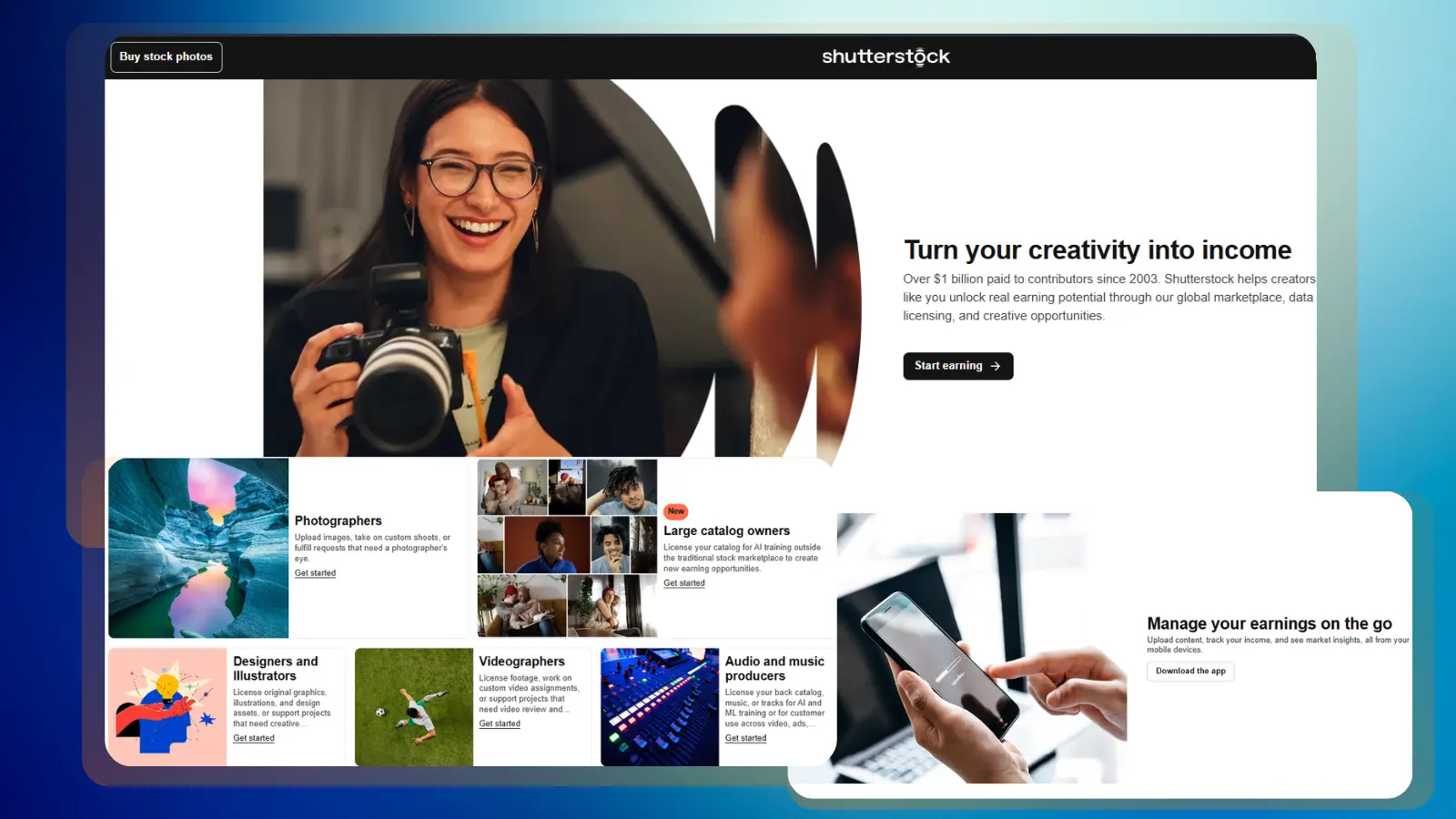 Página web de Shutterstock que muestra cómo los fotógrafos, diseñadores, ilustradores, videógrafos y músicos pueden obtener ingresos gracias a su trabajo creativo