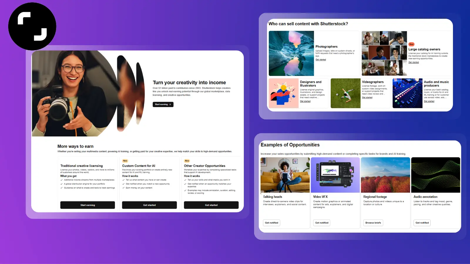 Plataforma de Shutterstock en la que aparece una mujer utilizando una cámara y se muestran oportunidades creativas para obtener ingresos