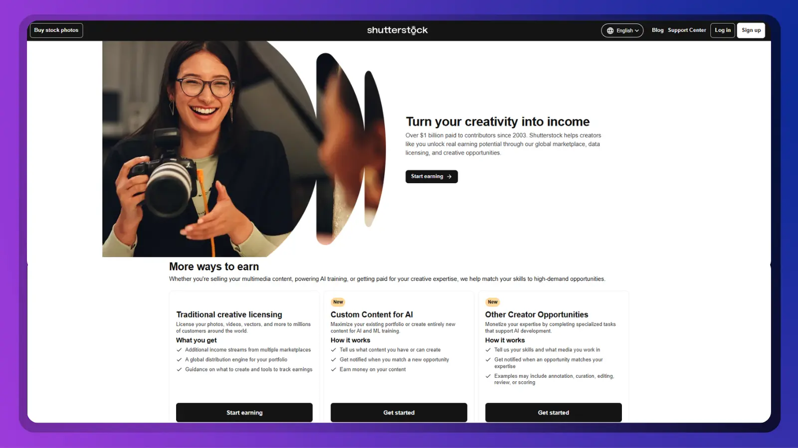 Shutterstock contributor platform showing creative content and earning opportunities