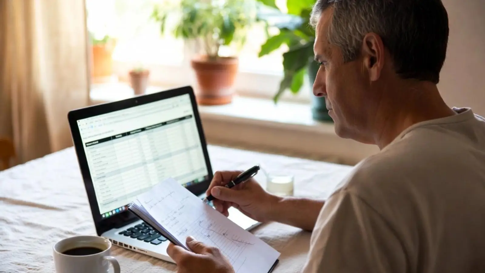 person tracking side gig income in a spreadsheet on a laptop at home