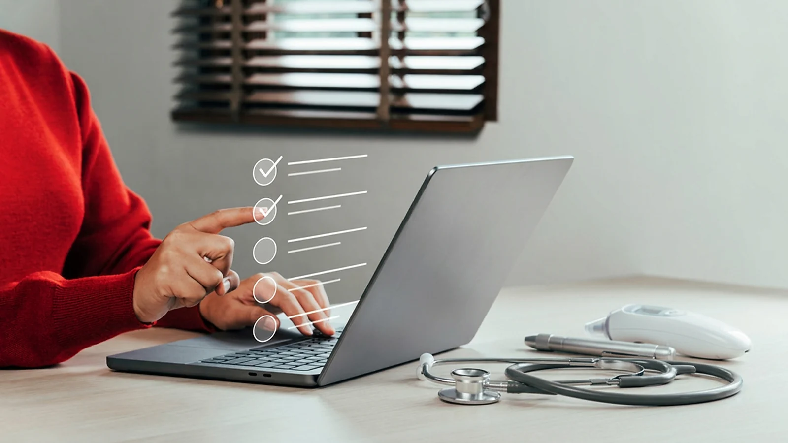 Person evaluating side hustle selection criteria on a laptop with a digital checklist and stethoscope nearby
