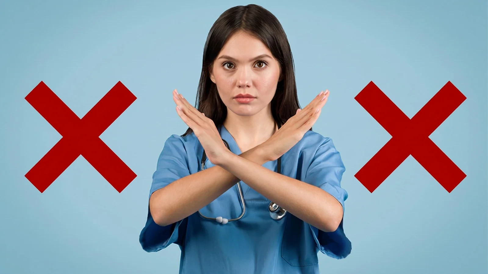 Nurse in scrubs crossing arms next to large red Xs indicating warning signs for nursing side hustles