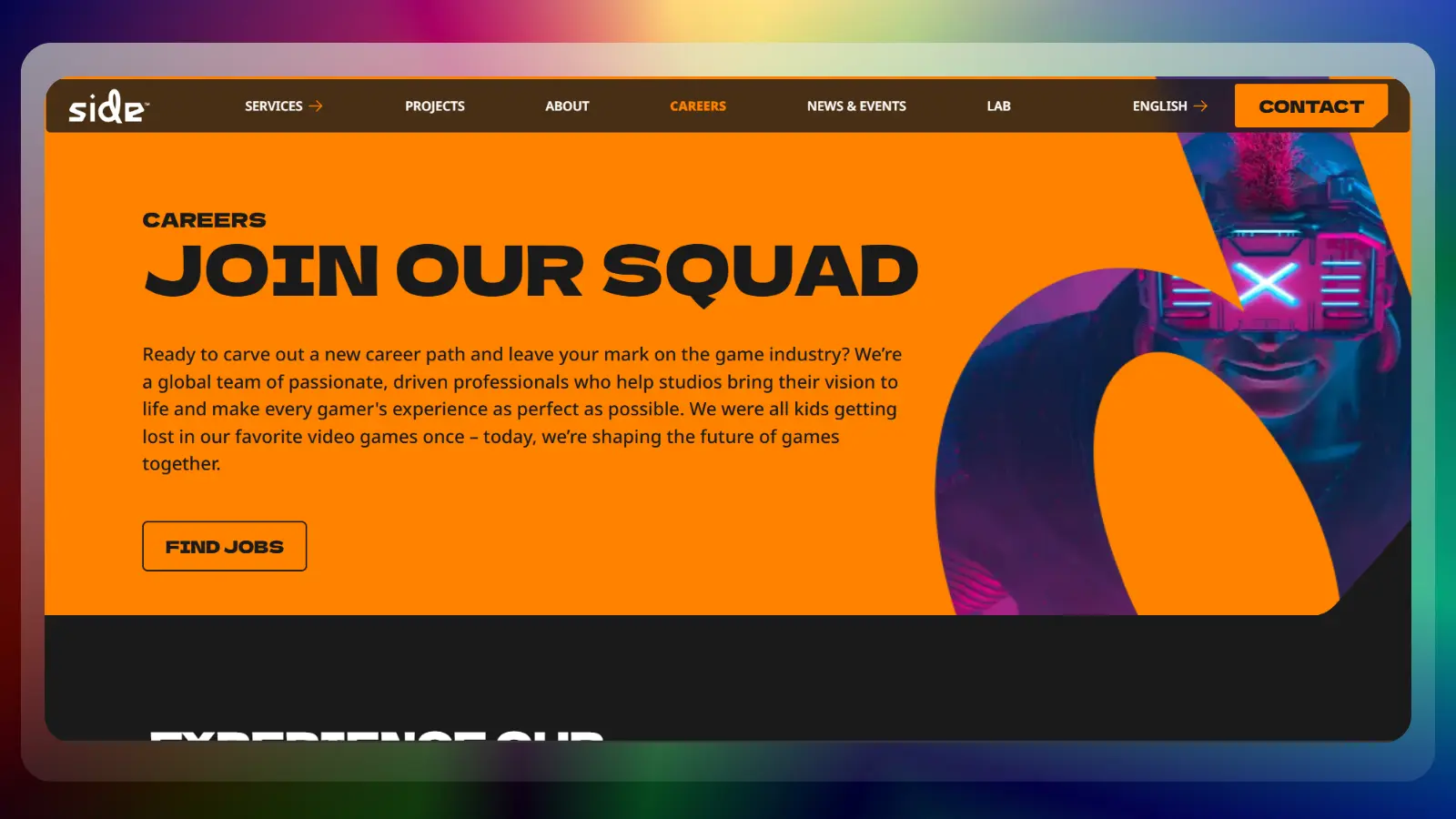 side website showing video game careers and job opportunities