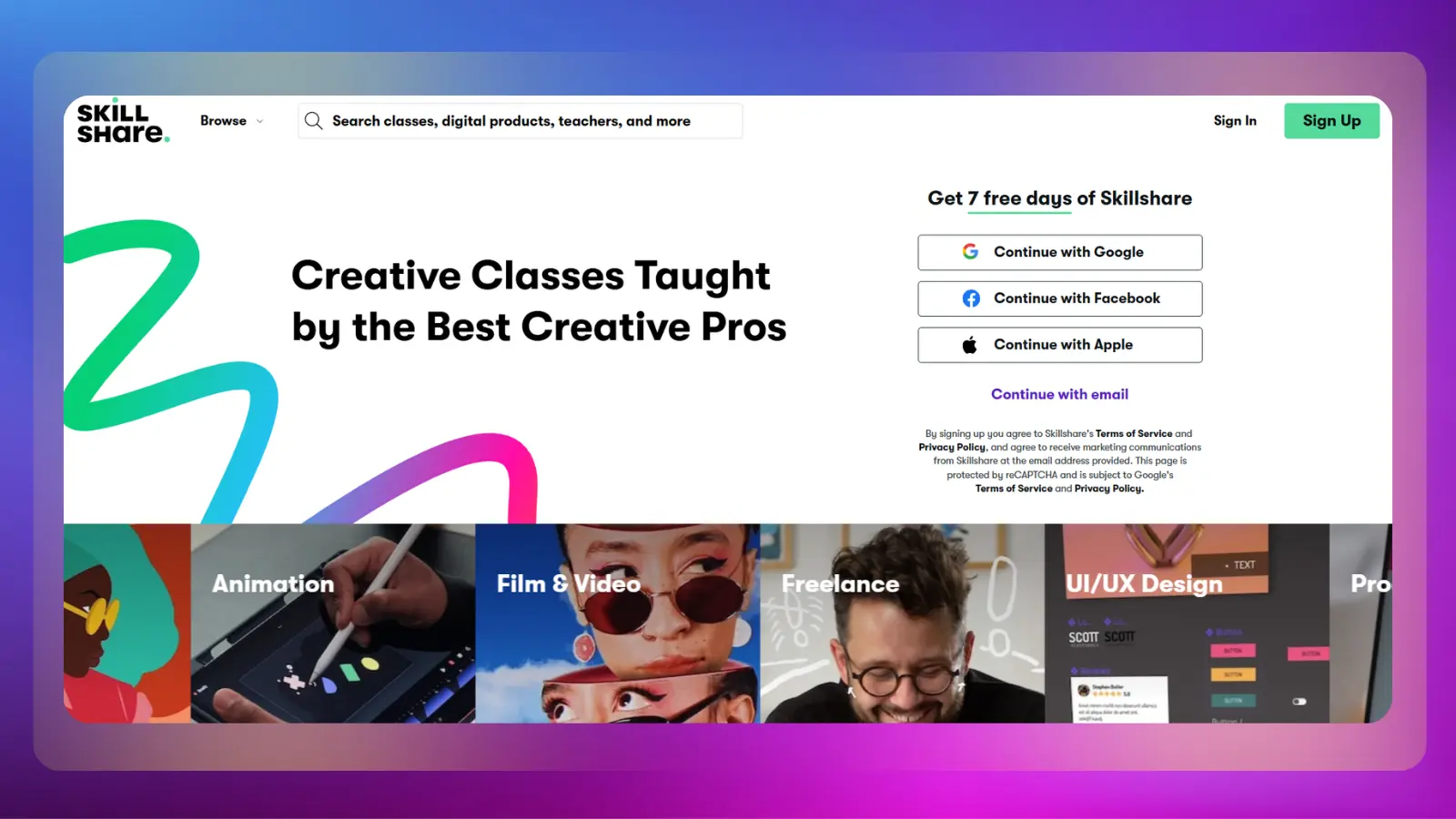 Página web de Skillshare que ofrece cursos creativos y recursos de aprendizaje