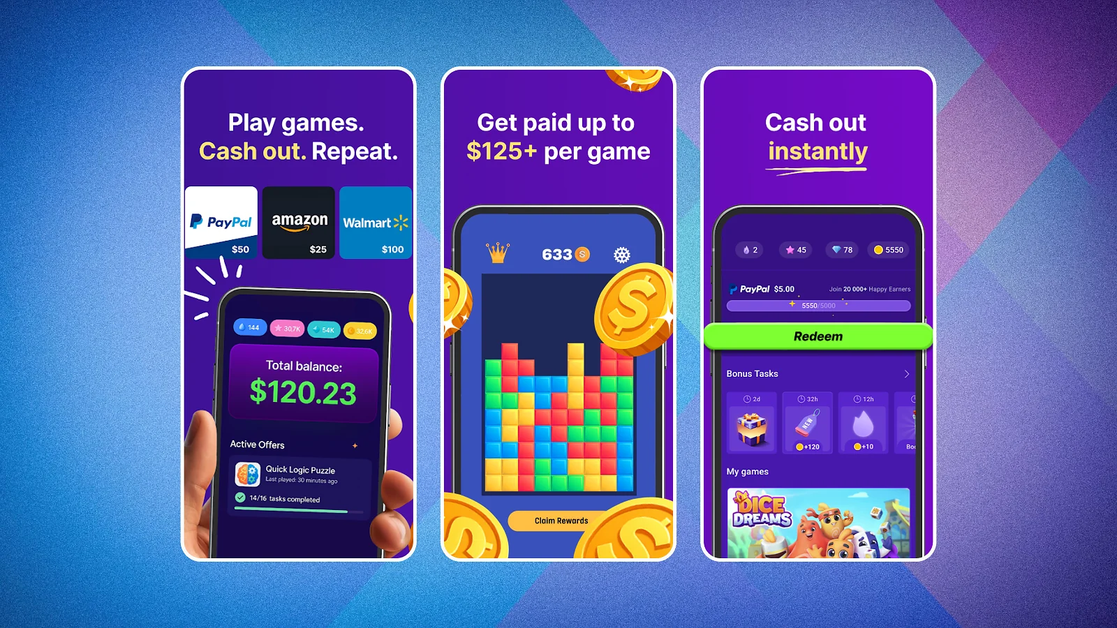 Página web de Snakzy que muestra las recompensas de los juegos y las opciones de cobro inmediato