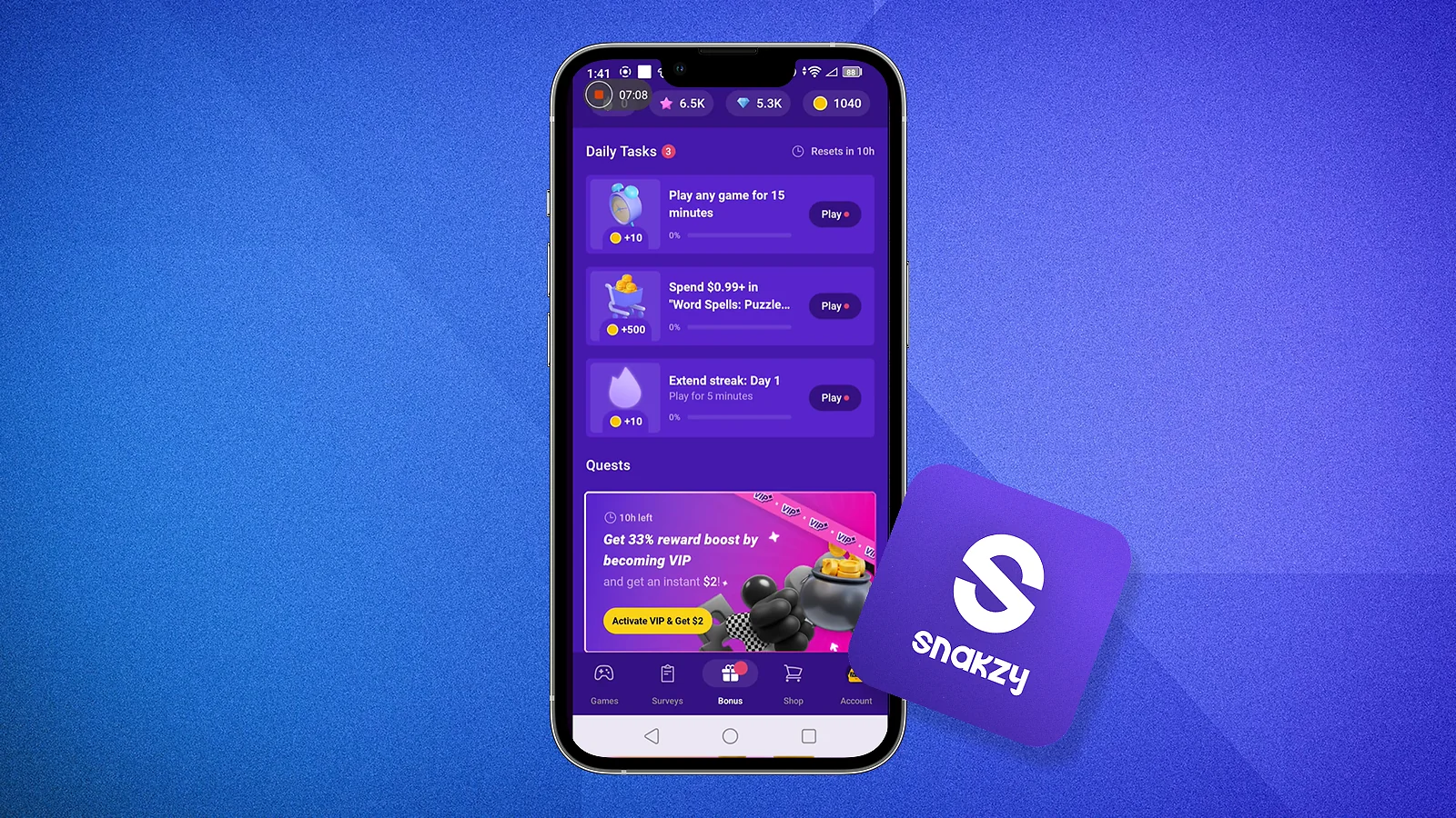 Captura de pantalla de la aplicación Snakzy