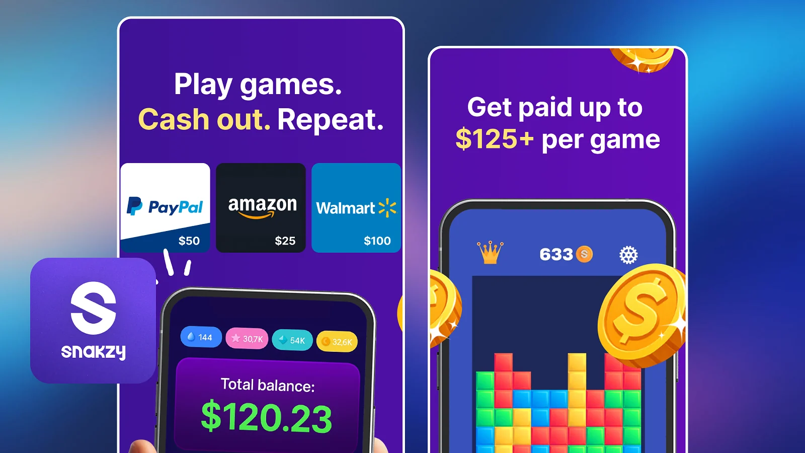 snakzy website showing games rewards and cash out options