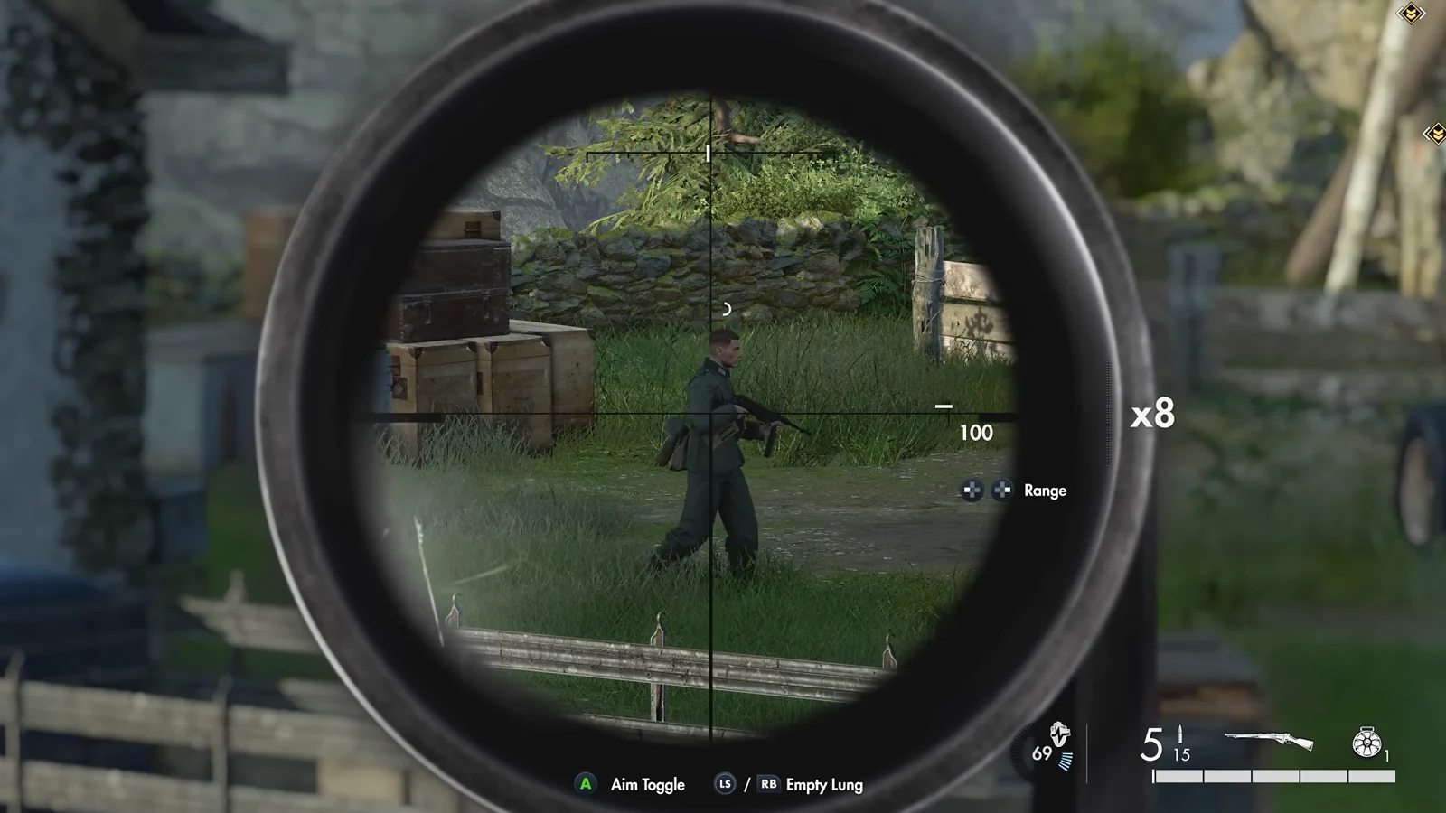 Sniper Elite: Resistance gameplay showing an enemy targeted through a sniper rifle scope.