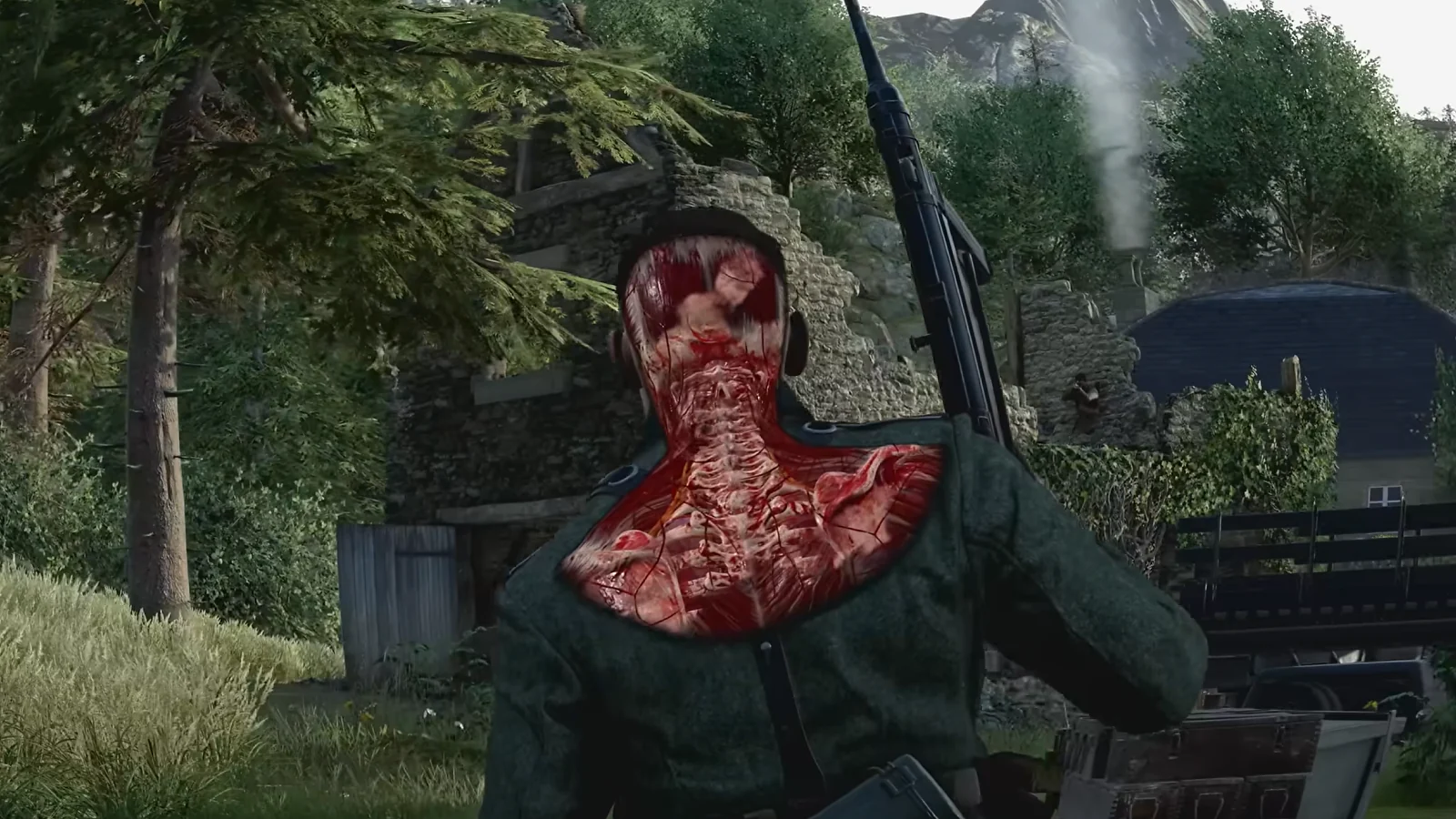 A soldier performs a brutal close-range attack on an enemy outdoors