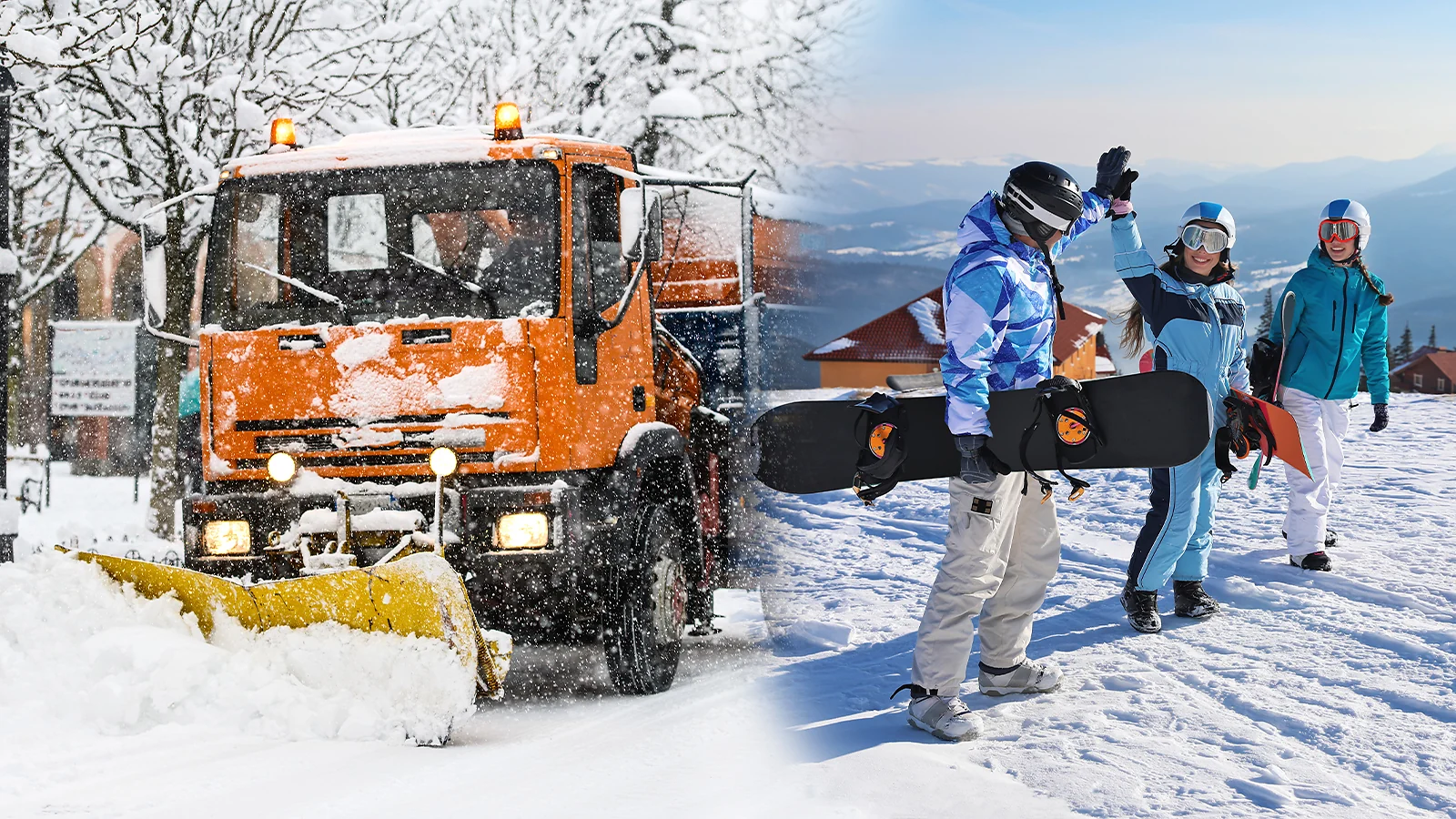 Winter side hustles - orange snowplow clearing snow and snowboarders high-fiving at a ski resort