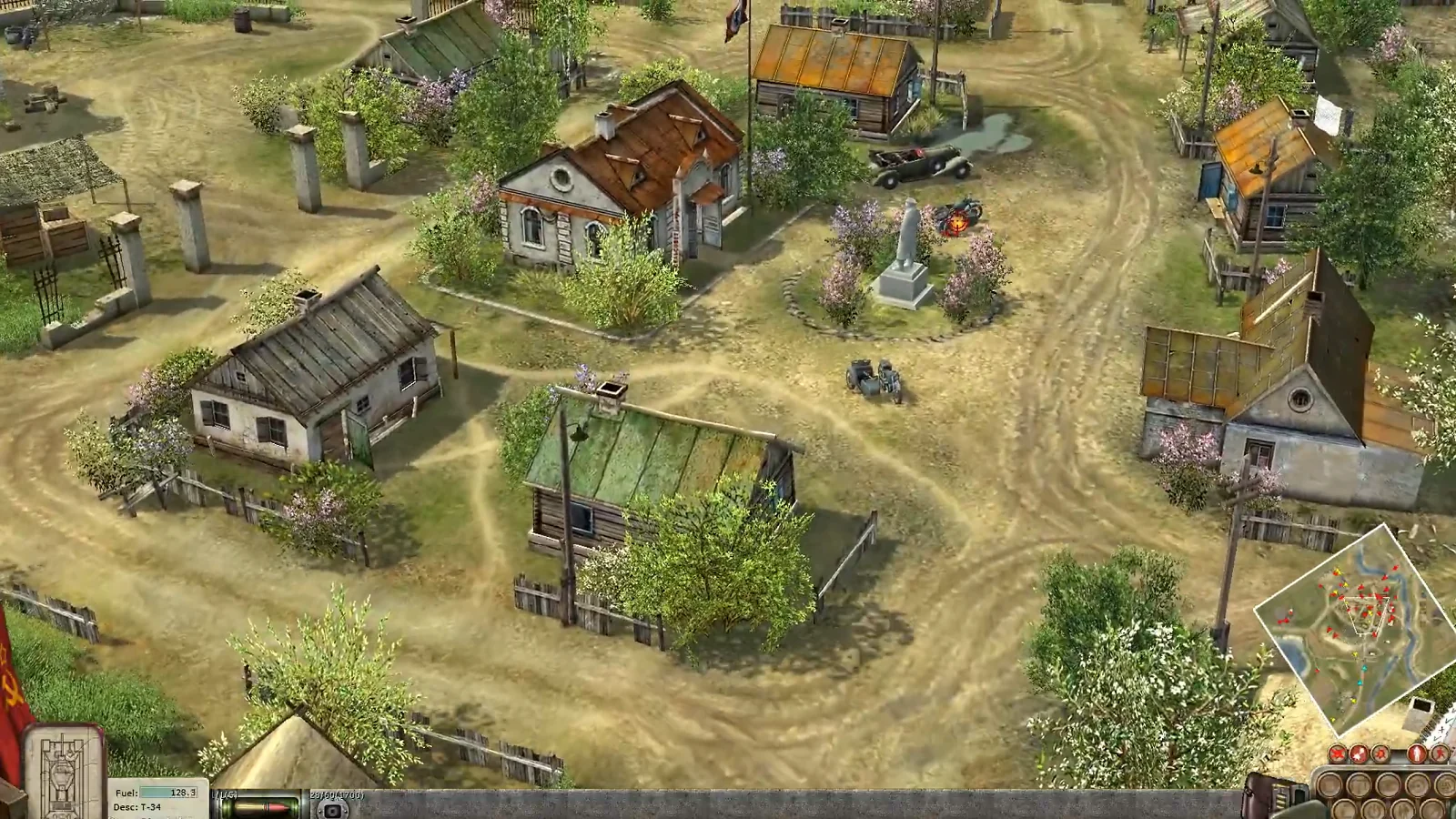 Isometric view of soldiers and military vehicles fighting in a rural village.