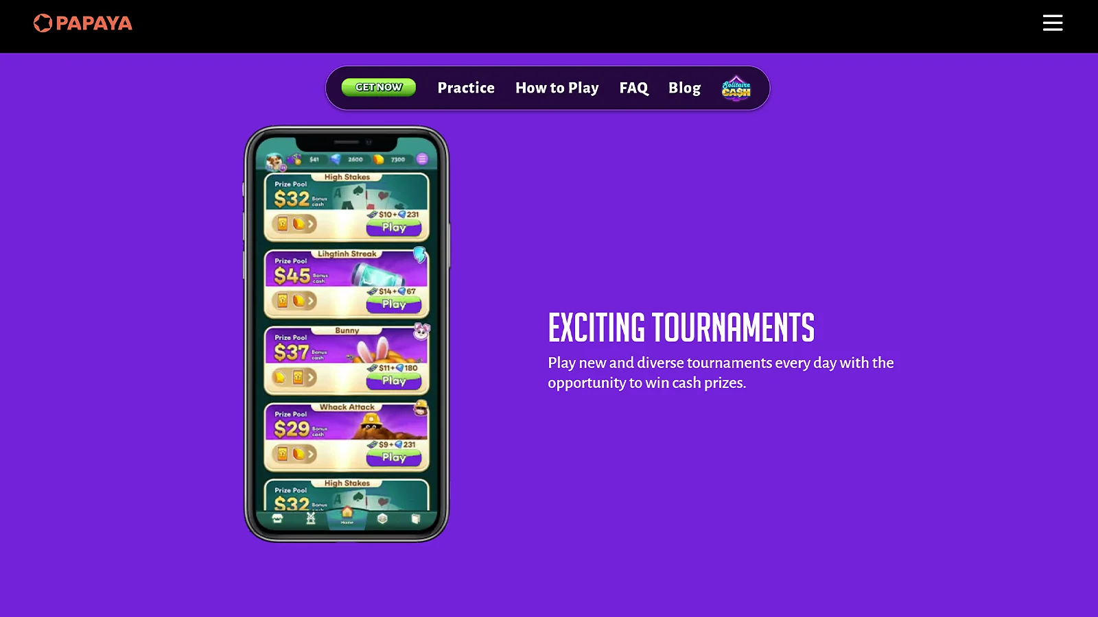 Solitaire Cash app displaying exciting tournaments with cash prize pools