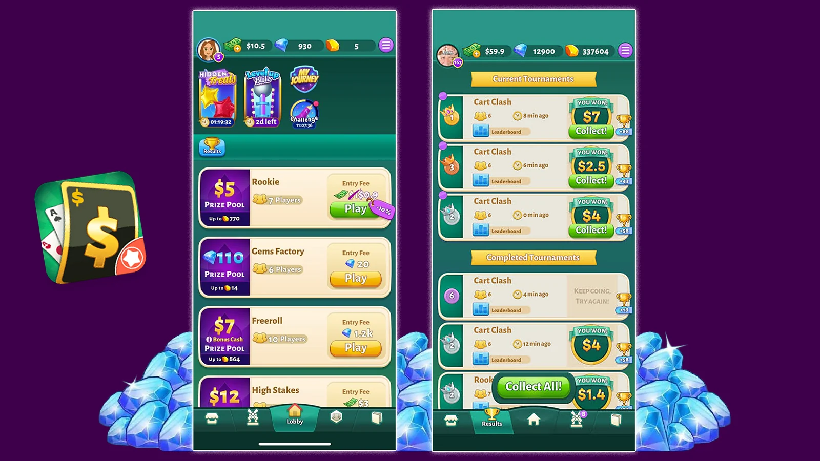 Solitaire Cash tournament lobby and results screens showing cash winnings