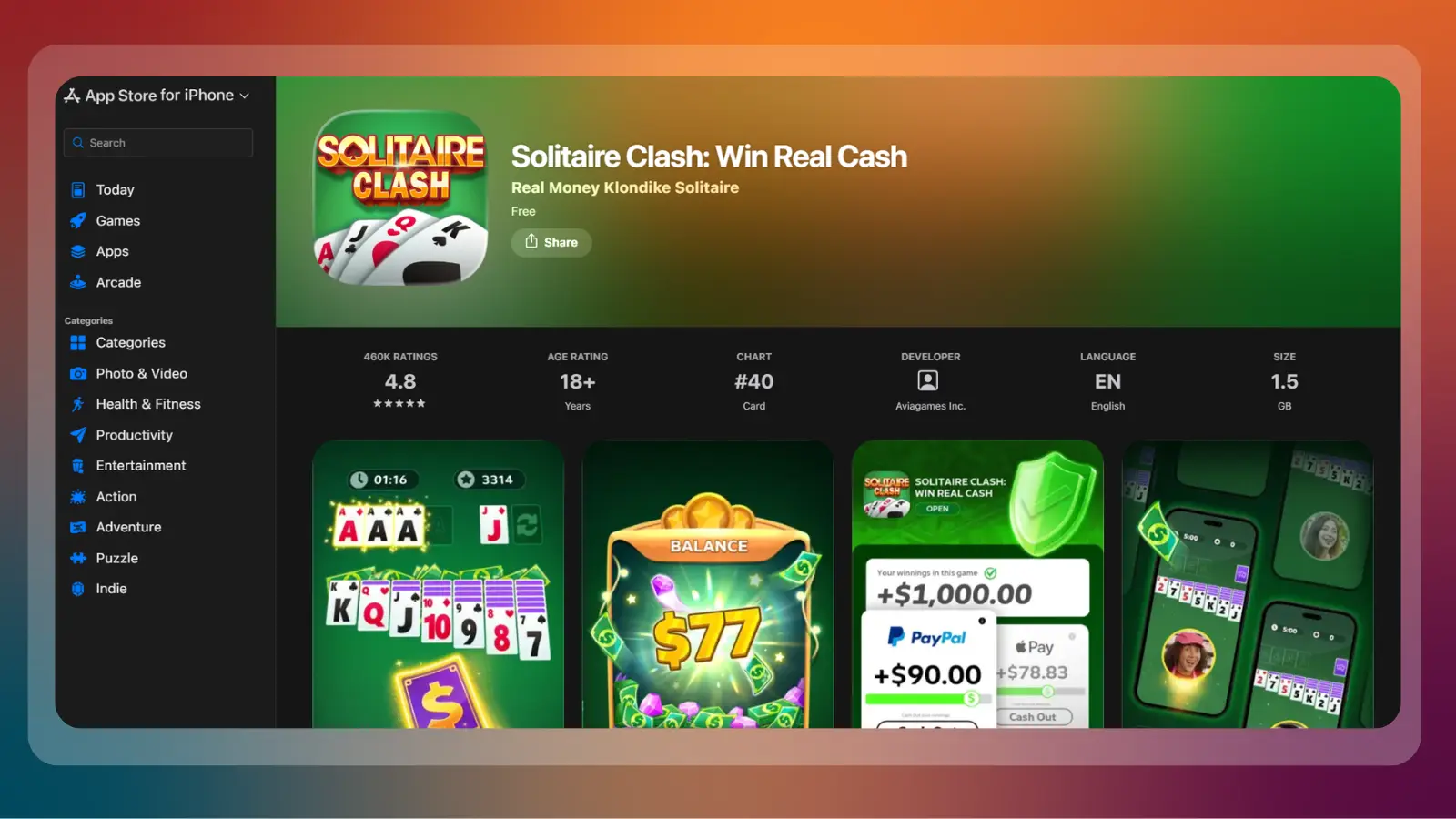 solitaire clash website showing a solitaire game with real cash prizes on the app store