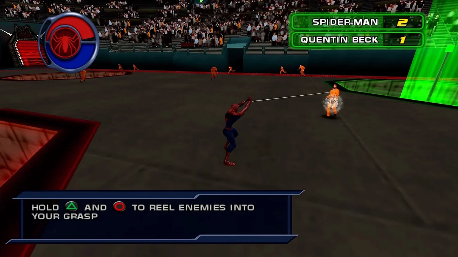 Spider-Man reeling in an enemy with a web