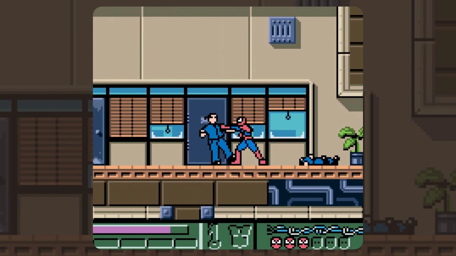 Spider-Man punching an enemy in the 2D side-scrolling game Spider-Man 2: The Sinister Six