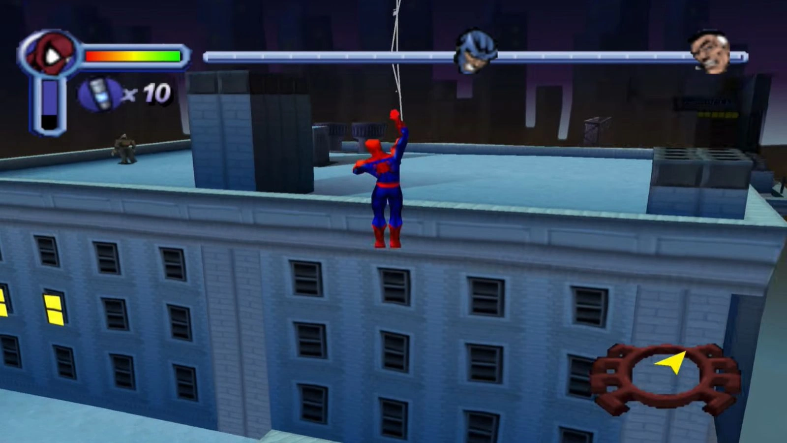 Spider-Man swinging between buildings