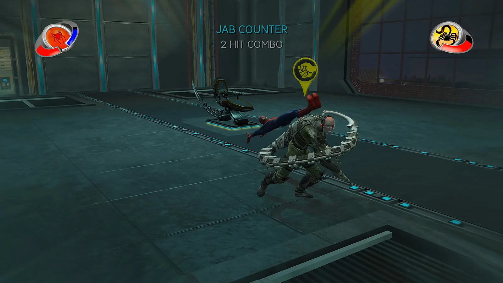 Spider-Man performing a mid-air jab counter against Scorpion