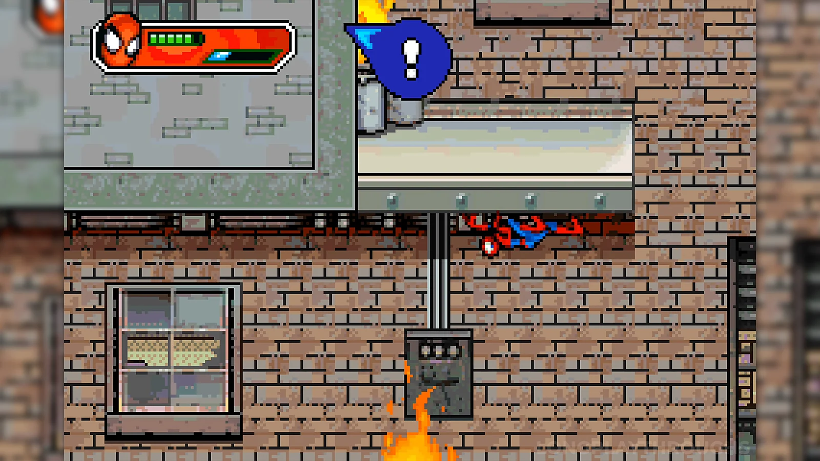 Spider-Man crawling upside down under a ledge