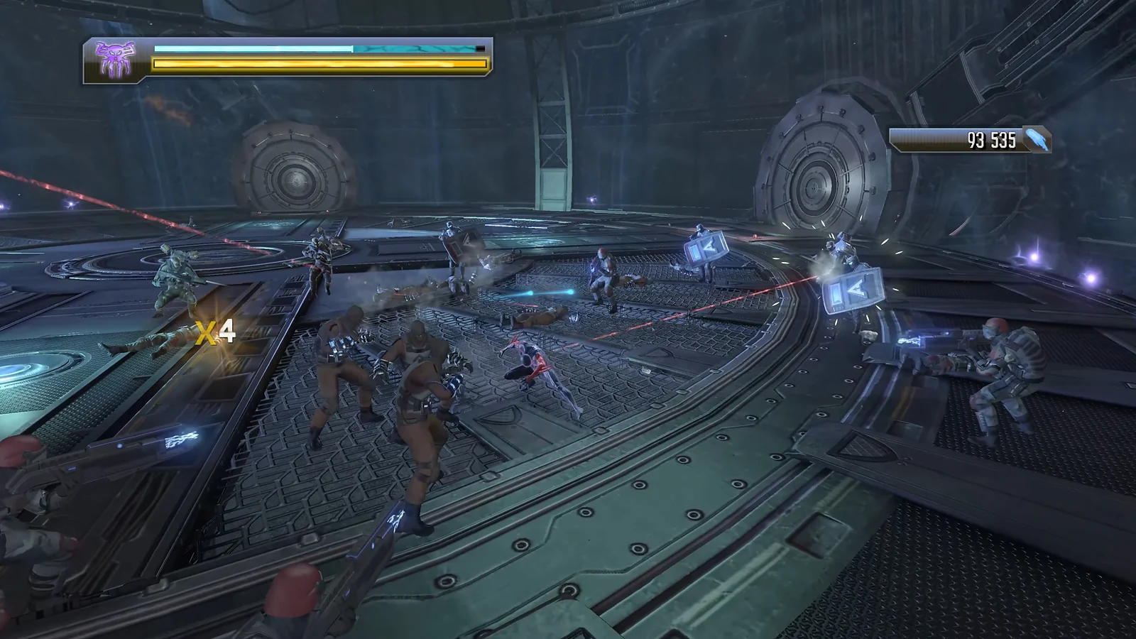 fighting a swarm of armed enemies in a futuristic arena