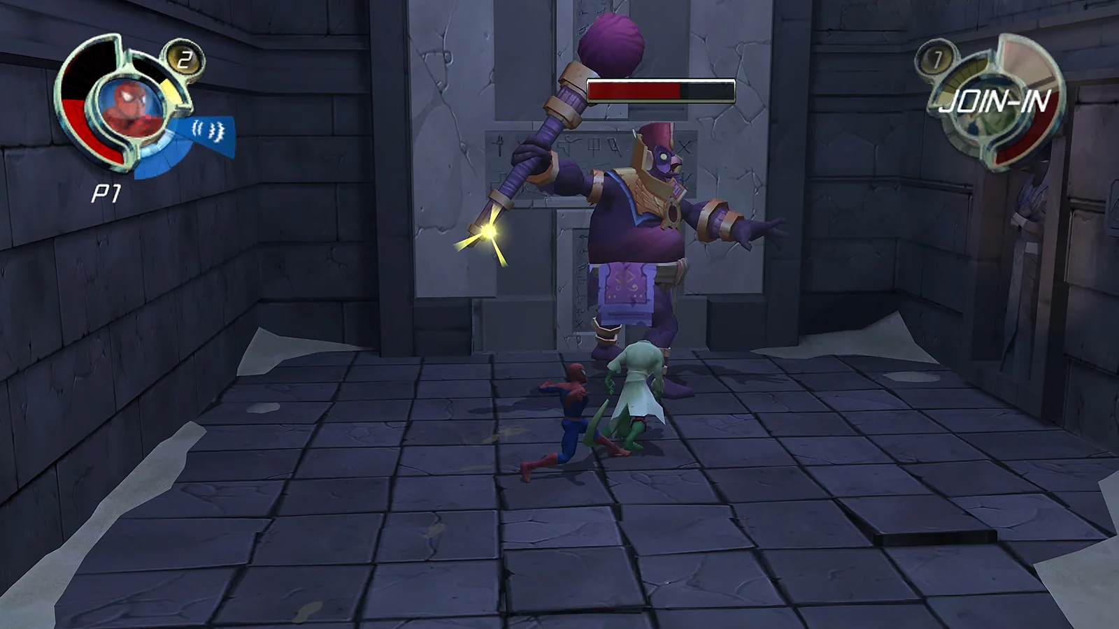 Spider-Man and Green Goblin fighting a large purple enemy