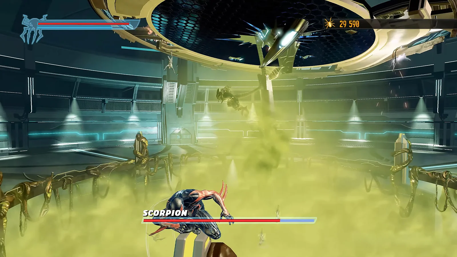 Spider-Man crouching above a toxic gas-filled arena during the Scorpion boss fight