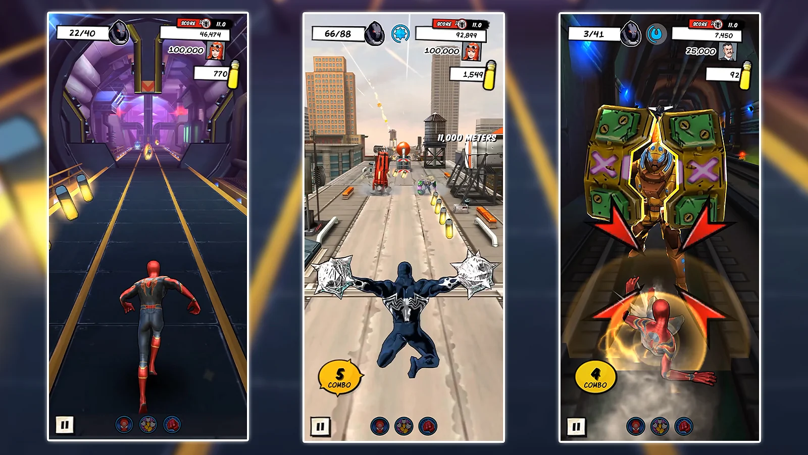 Three gameplay photos from the mobile runner game showing different Spider-Man suits in action