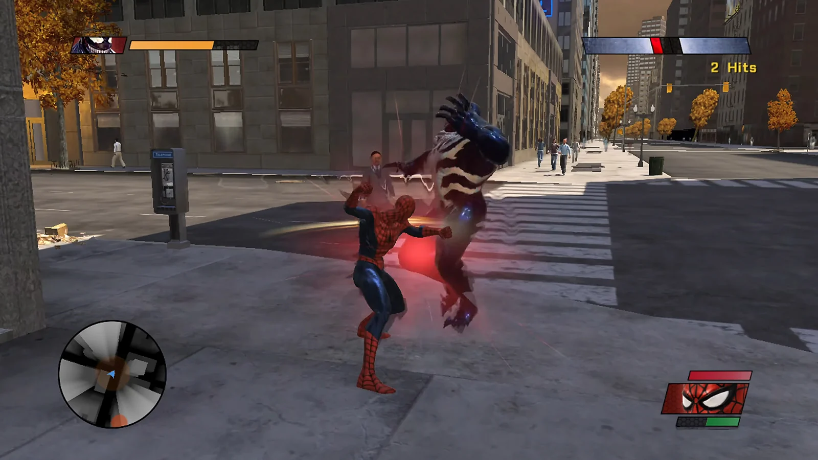 Spider-Man punching Venom on a city street