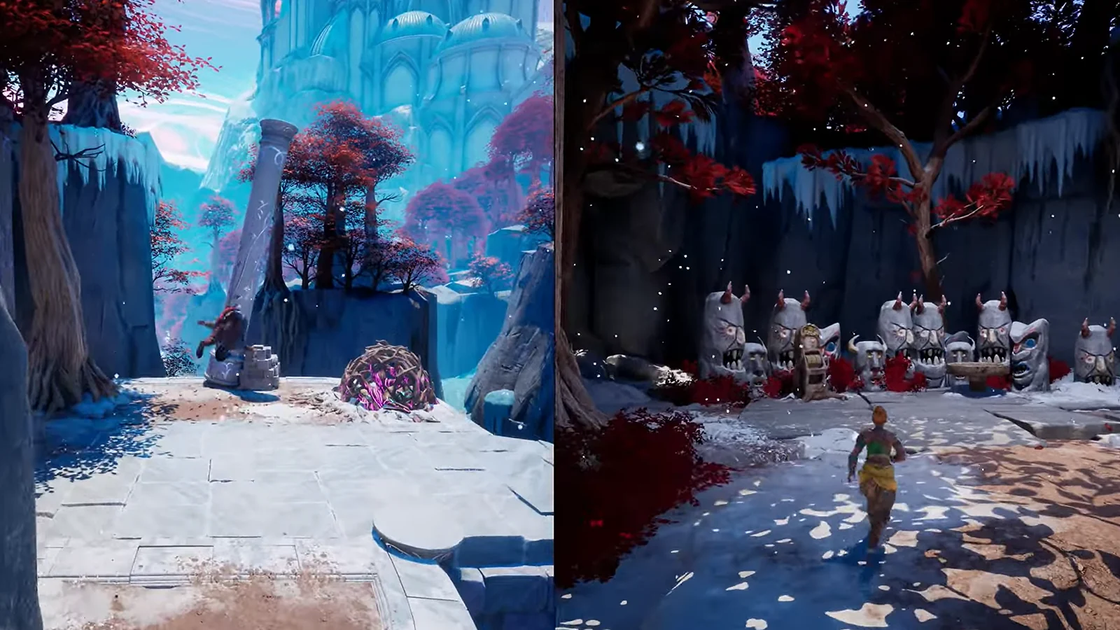 Split Fiction split-screen gameplay showing two characters exploring contrasting fantasy environments.