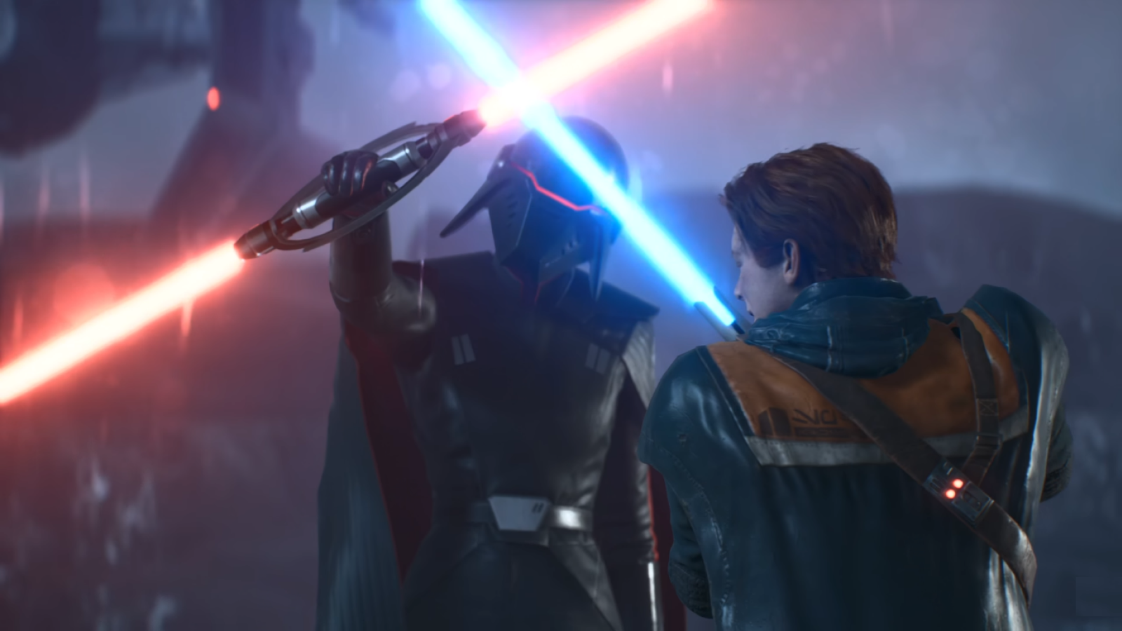 Star Wars Jedi: Fallen Order – Cal Kestis visto de costas, cruzando o seu sabre de luz azul com o sabre de luz vermelho de lâmina dupla da Segunda Irmã