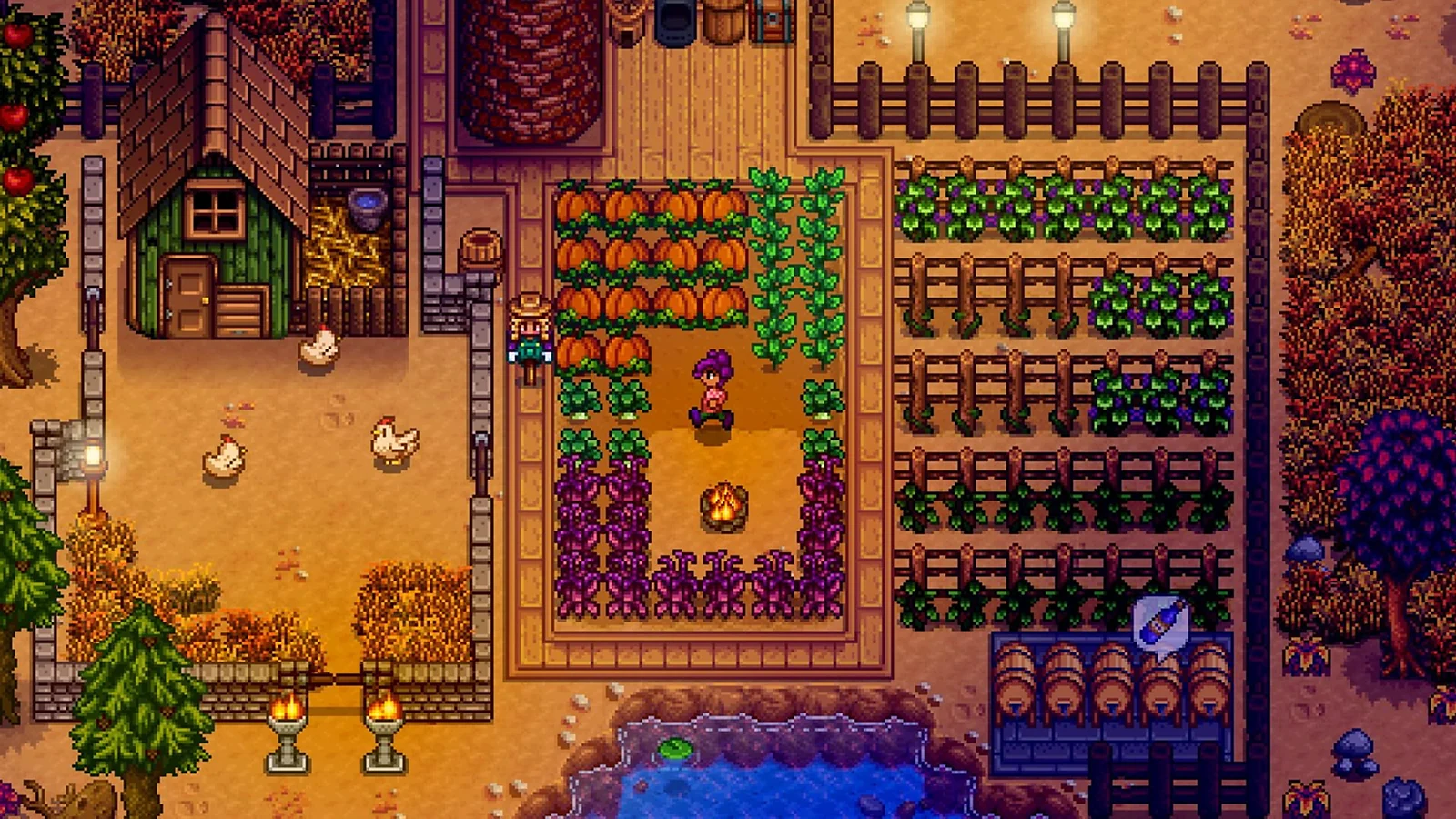 Stardew Valley gameplay showing a colorful farm filled with crops and buildings.