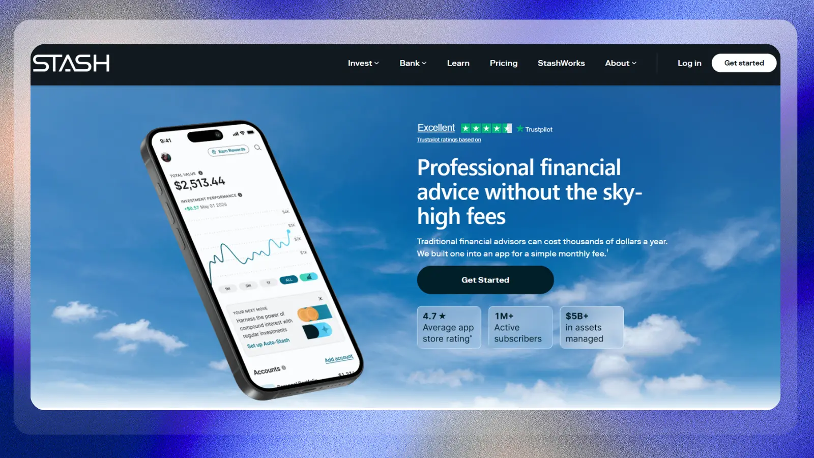 stash website showing investing tools and professional financial advice