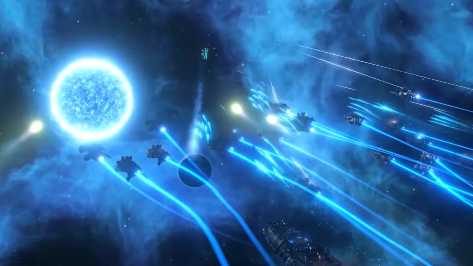 Futuristic spacecraft engage in a bright blue space battle near a glowing star.