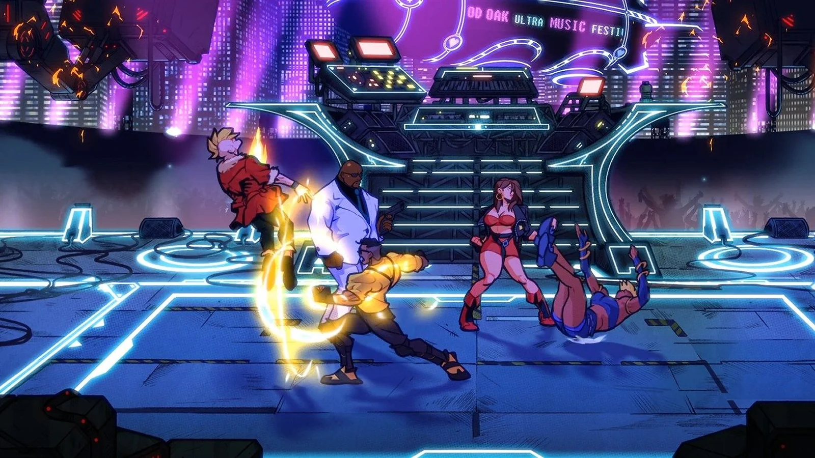Streets of Rage 4 gameplay showing characters fighting enemies in a neon-lit arena.