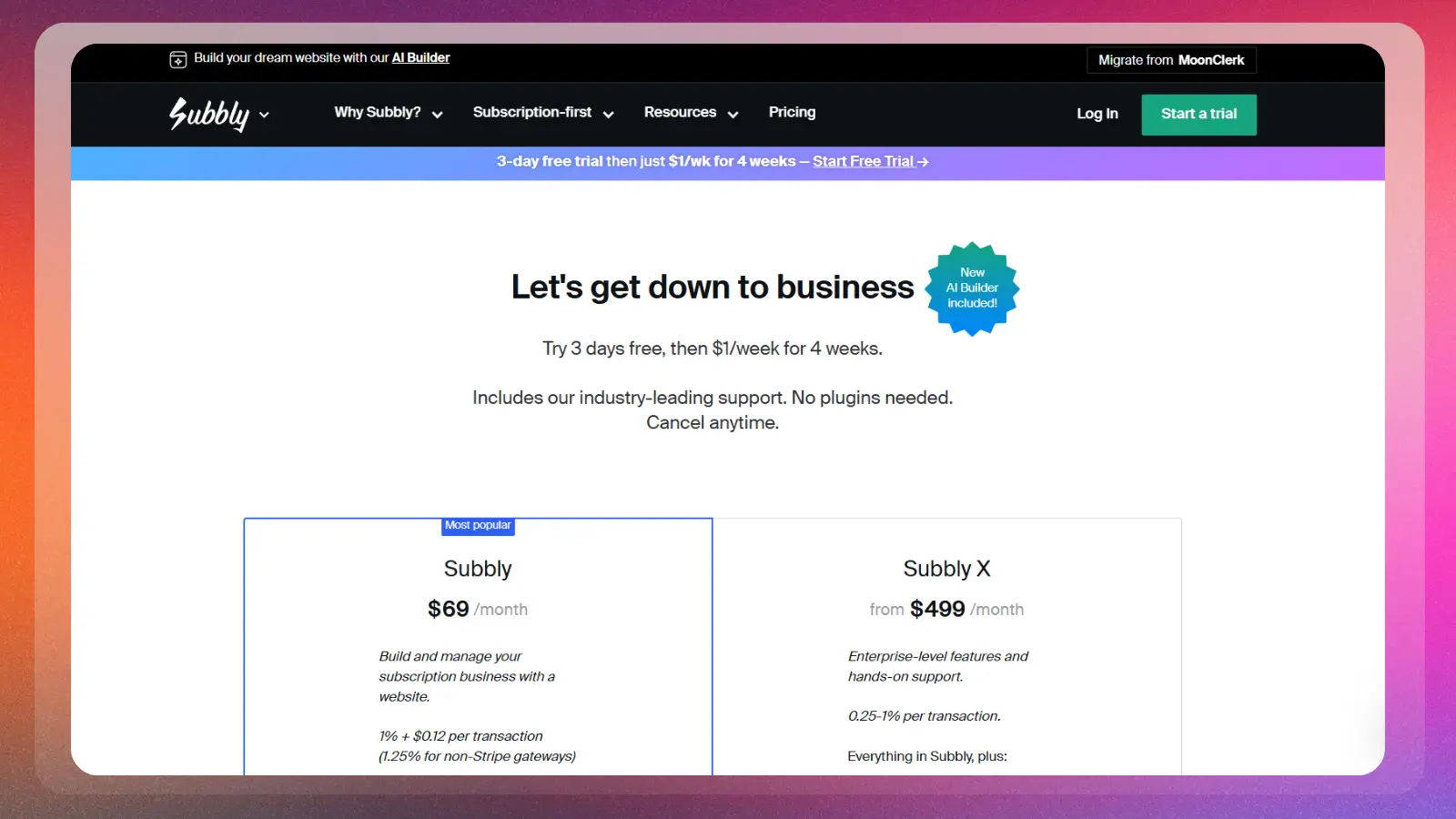 Página web de Subbly en la que se muestran los planes de suscripción y las tarifas