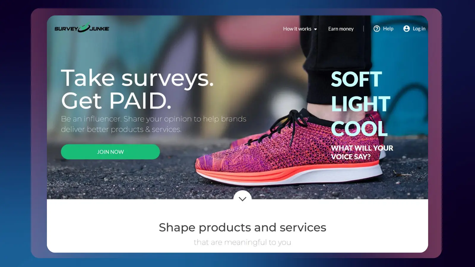 Survey Junkie website showing users how to earn money by taking surveys and sharing their opinions with brands