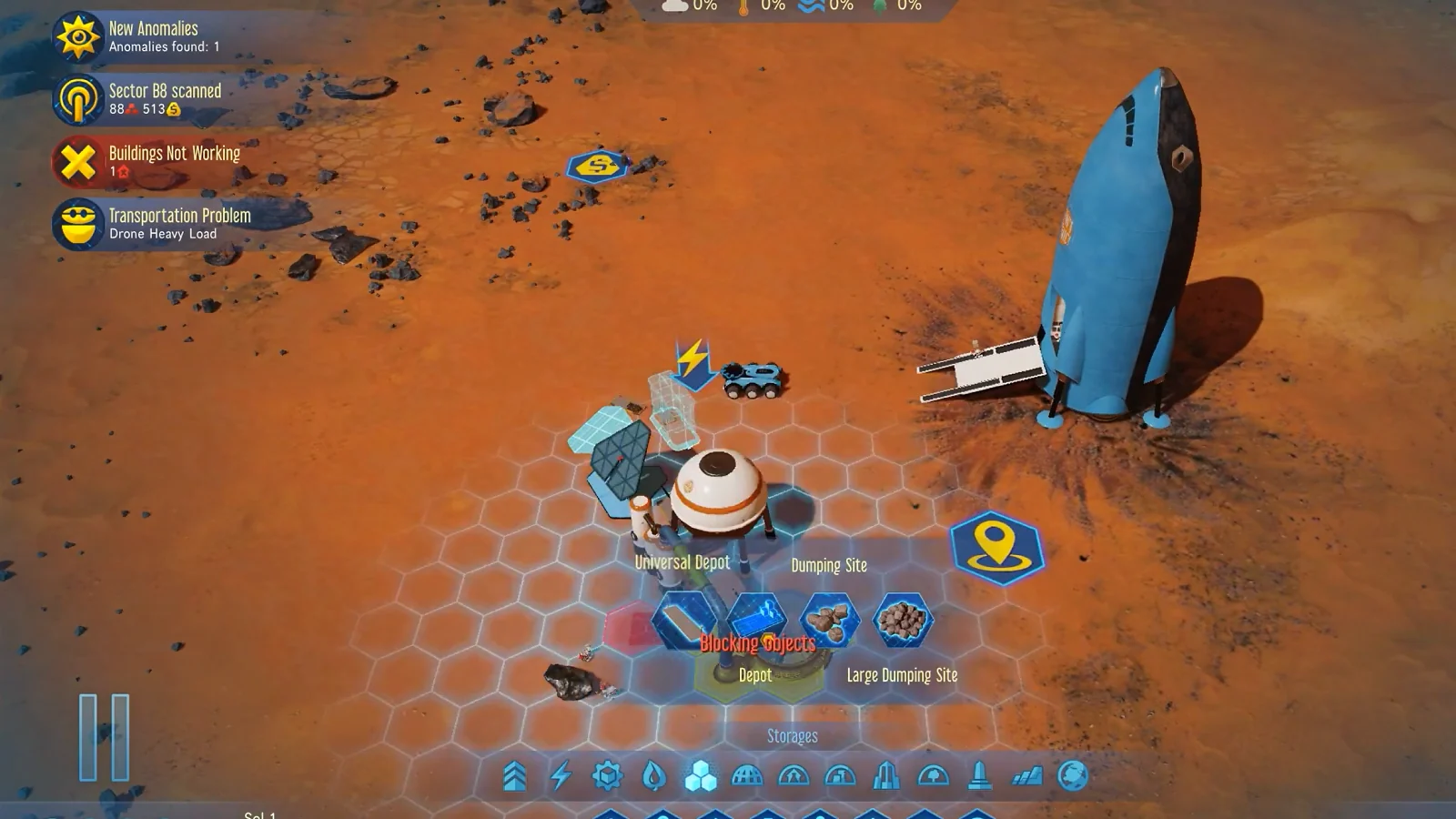 Surviving Mars gameplay showing a rocket and supply depot on the Martian surface.