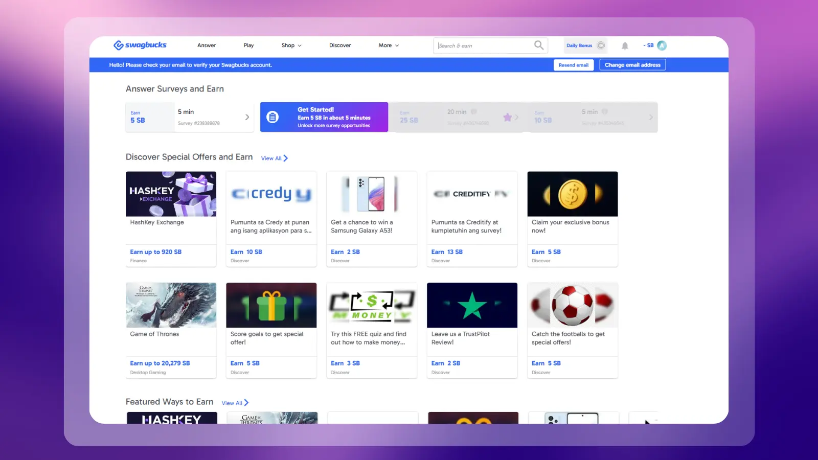 swagbucks website showing its rewards platform for earning points through surveys, special offers, games, and other activities
